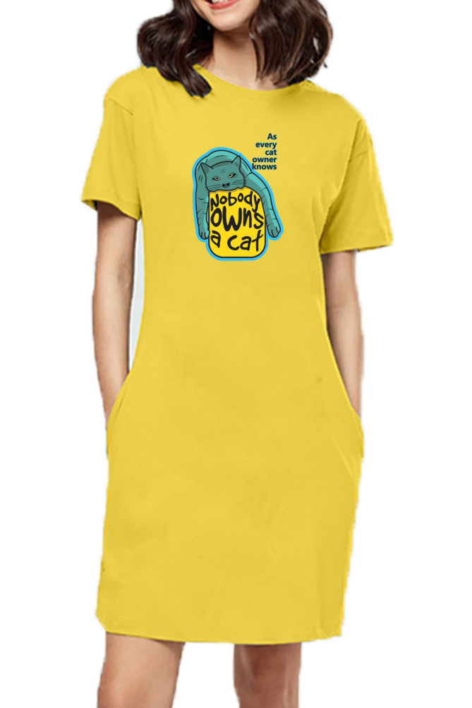 [Sale] T-shirt Dress With Pockets - Cat-titude - Golden Yellow - XL