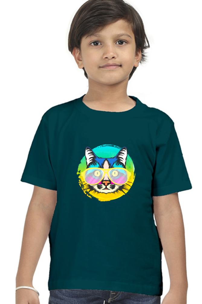 Round Neck T-Shirt (Boys) - Cat With Glasses (10 Colours)