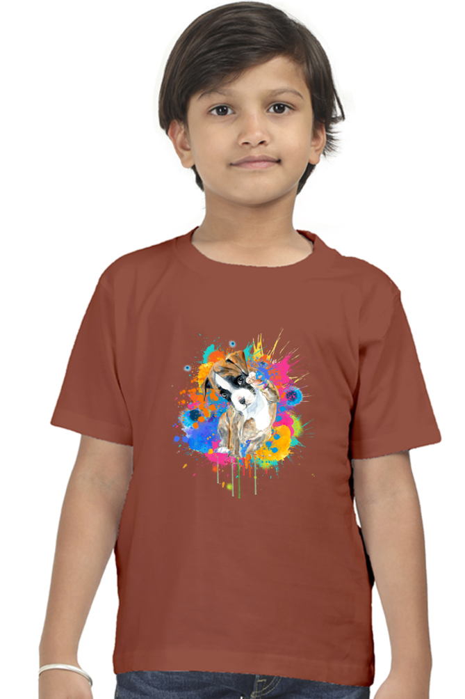 Round Neck T-Shirt (Boys) - Splashes Of Joy Puppy (10 Colours)
