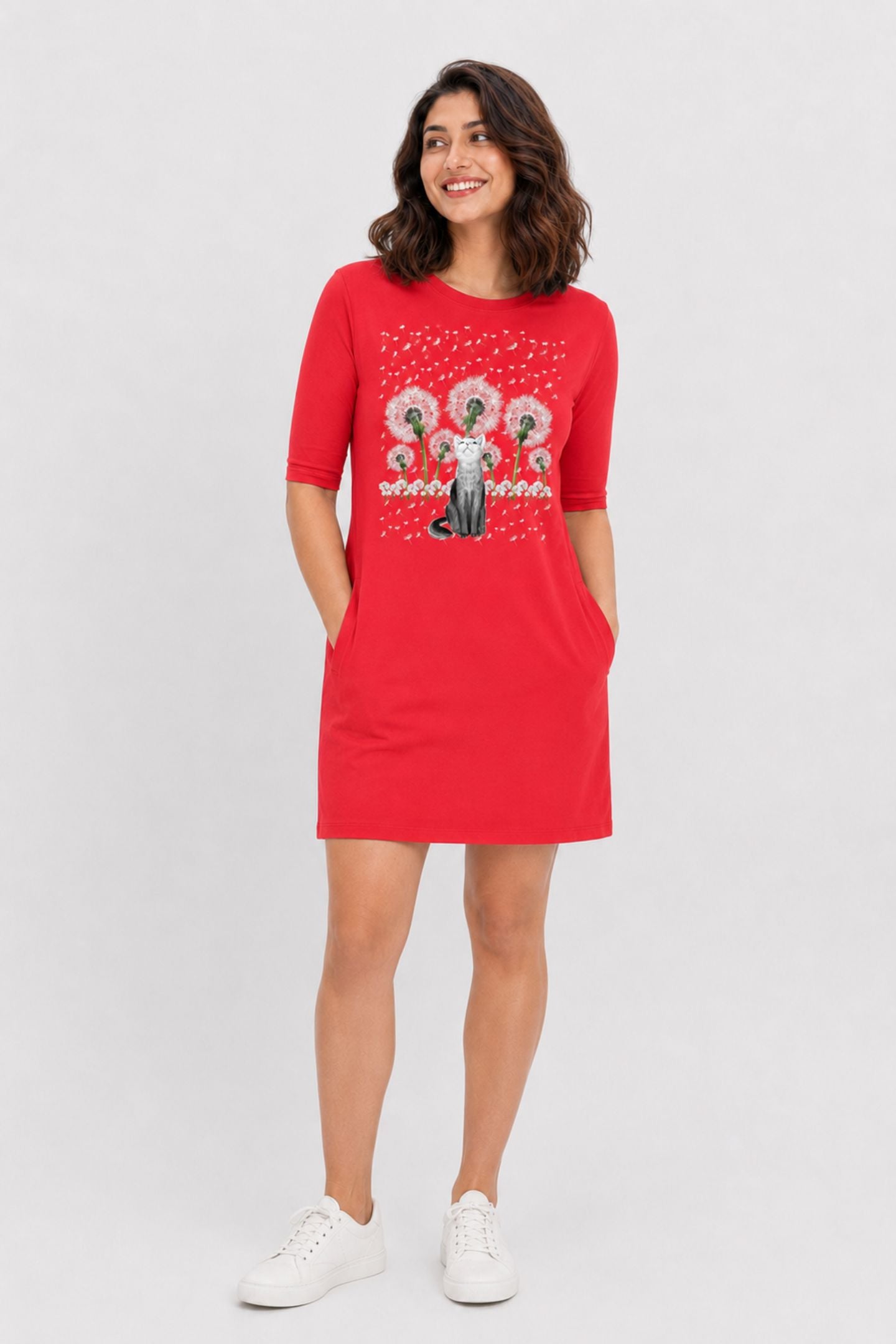 T-shirt Dress With Pockets - Fresh White Cat (3 Colours) (Slim Fit)