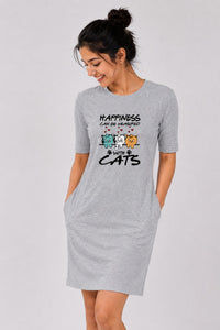 T-shirt Dress With Pockets - Feline Happy (3 Colours) (Slim Fit)