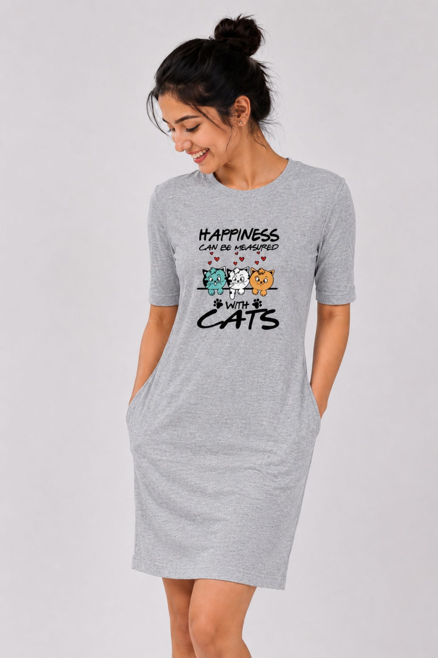 T-shirt Dress With Pockets - Feline Happy (3 Colours) (Slim Fit)