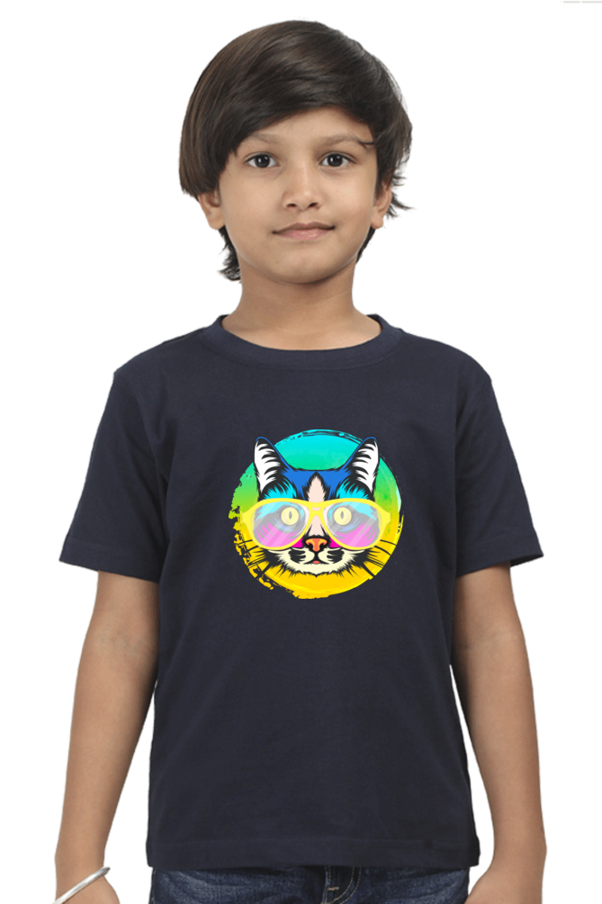 Round Neck T-Shirt (Boys) - Cat With Glasses (10 Colours)