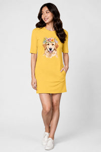 T-shirt Dress With Pockets - Golden Blooms (6 Colours) (Slim Fit)