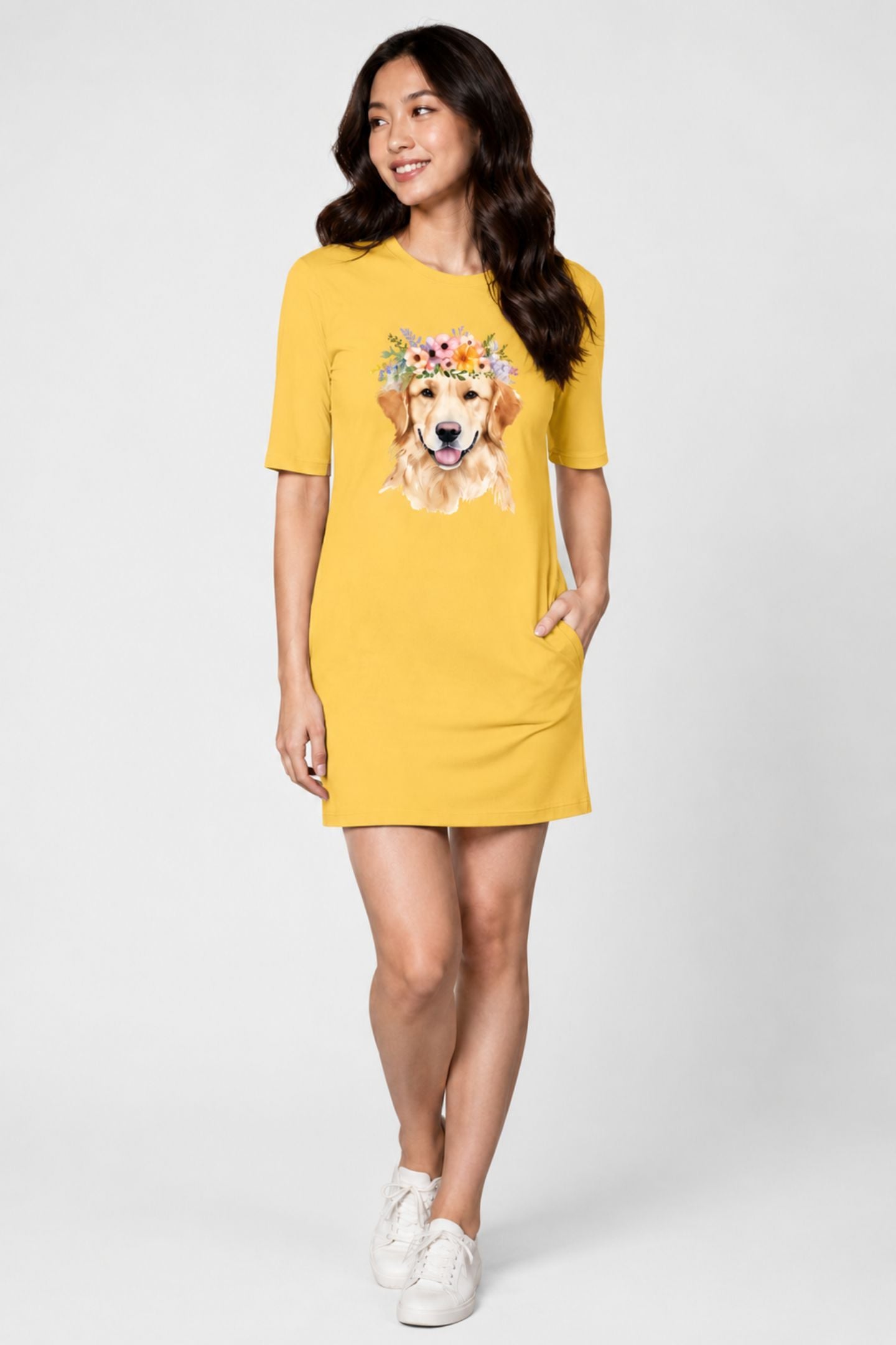 T-shirt Dress With Pockets - Golden Blooms (6 Colours) (Slim Fit)