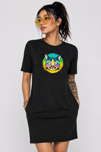 T-shirt Dress With Pockets - Cat With Glasses (6 Colours) (Slim Fit)