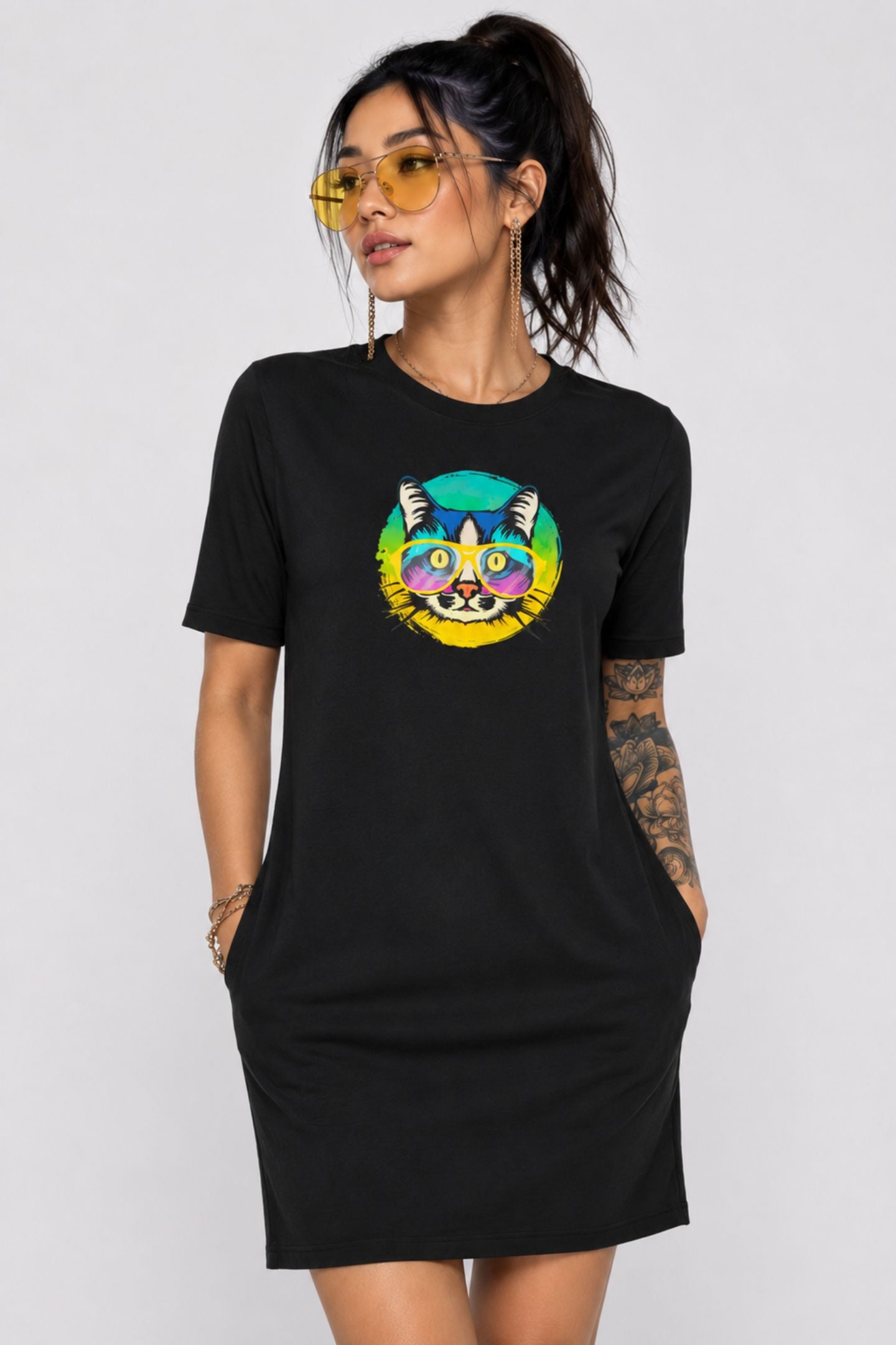 T-shirt Dress With Pockets - Cat With Glasses (6 Colours) (Slim Fit)