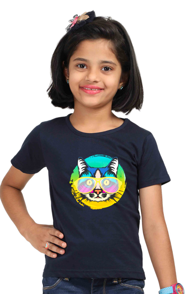 Round Neck T-Shirt (Girls) - Cat With Glasses (7 Colours)