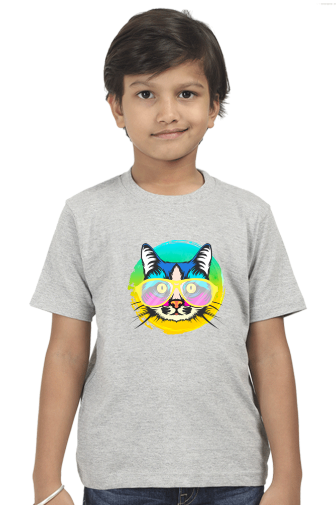 Round Neck T-Shirt (Boys) - Cat With Glasses (10 Colours)