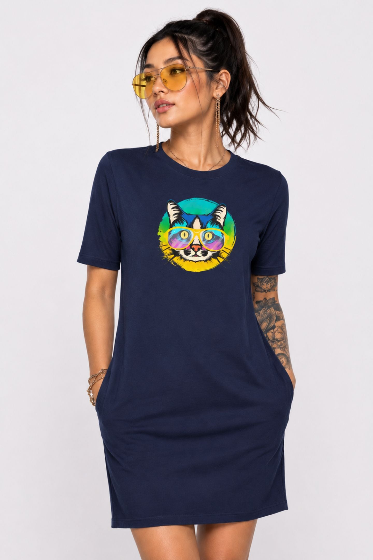 T-shirt Dress With Pockets - Cat With Glasses (6 Colours) (Slim Fit)