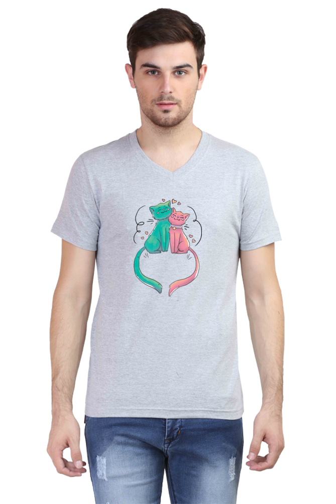 V Neck T-Shirt (Men) - Cats In Love (2 Colours)