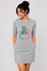 T-shirt Dress With Pockets - Cats In Love (4 Colours) (Slim Fit)