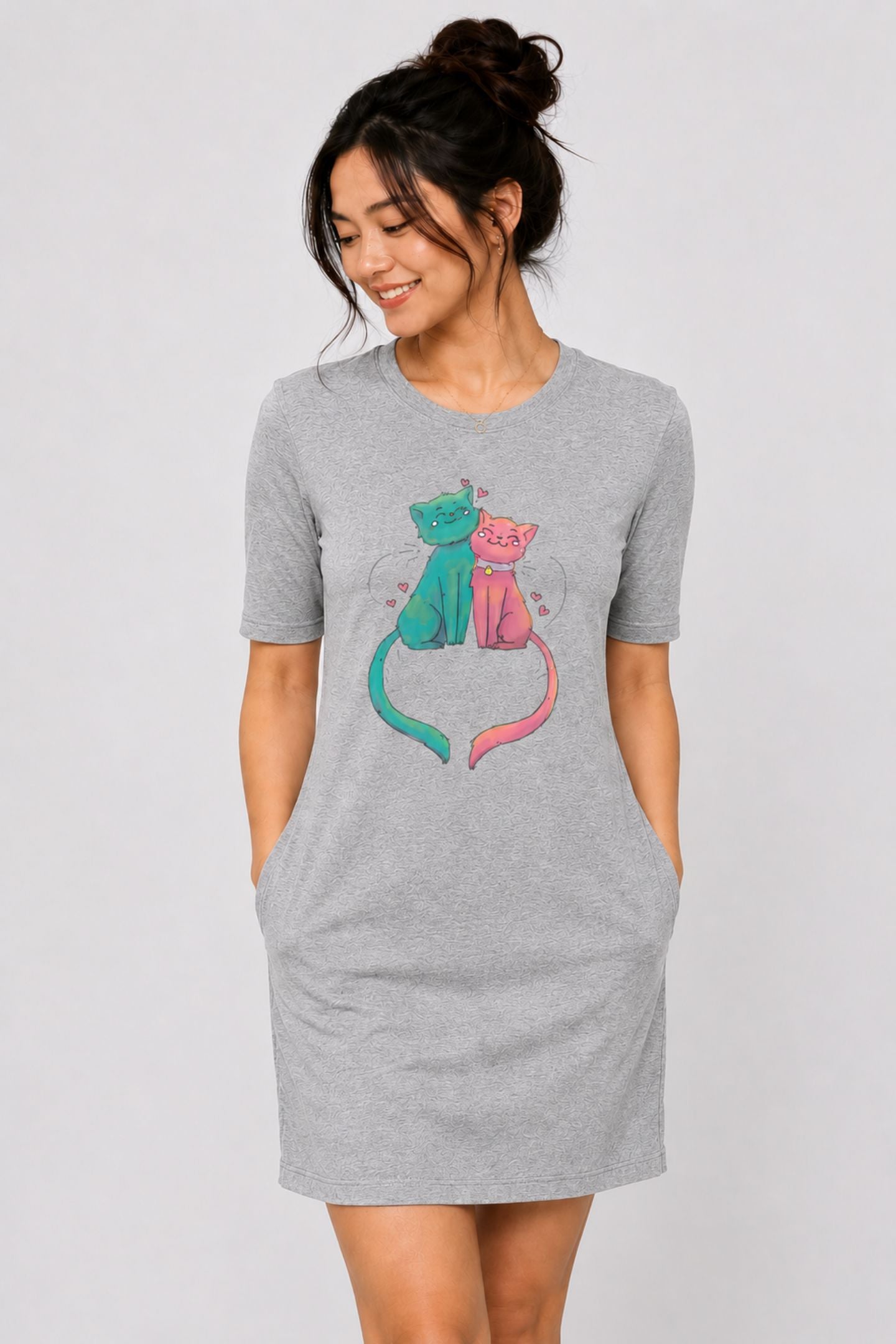 T-shirt Dress With Pockets - Cats In Love (4 Colours) (Slim Fit)