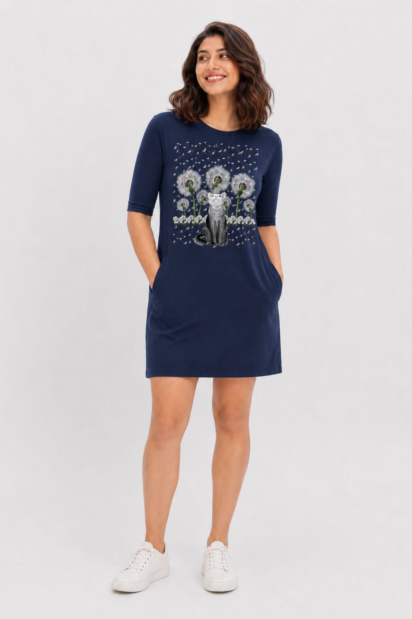 T-shirt Dress With Pockets - Fresh White Cat (3 Colours) (Slim Fit)