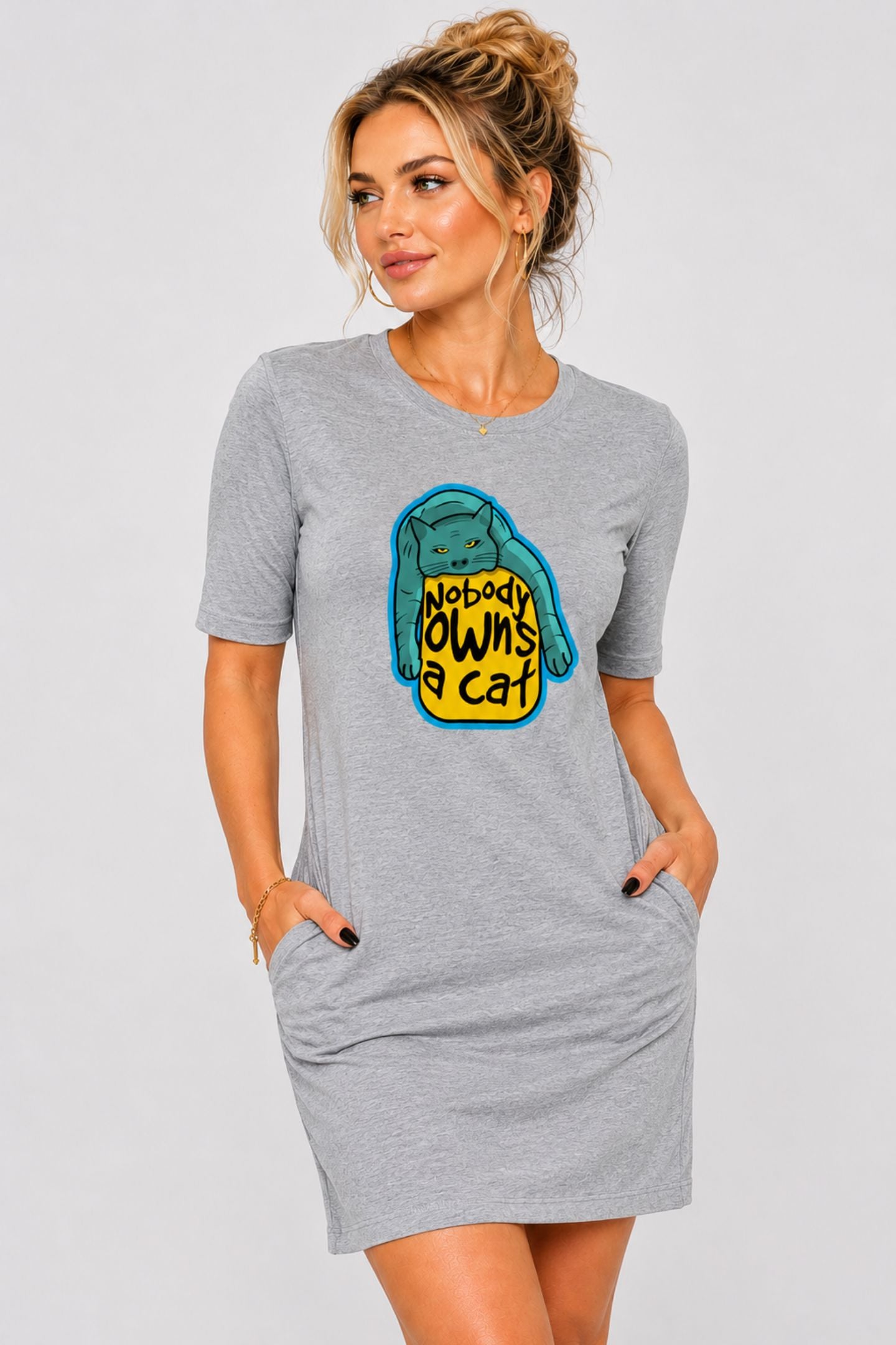 T-shirt Dress With Pockets - Cat-titude (2 Colours) (Slim Fit)