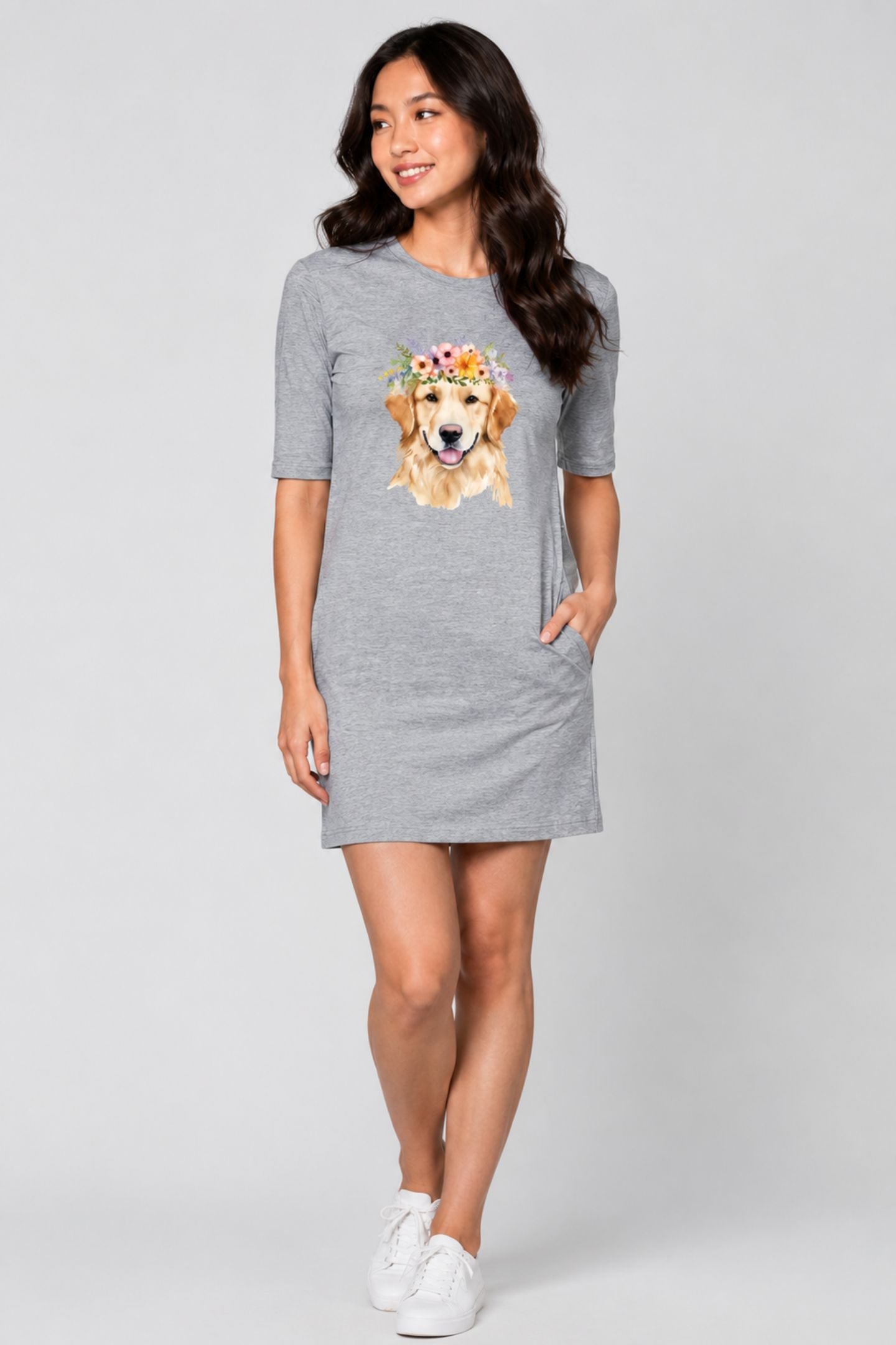 T-shirt Dress With Pockets - Golden Blooms (6 Colours) (Slim Fit)