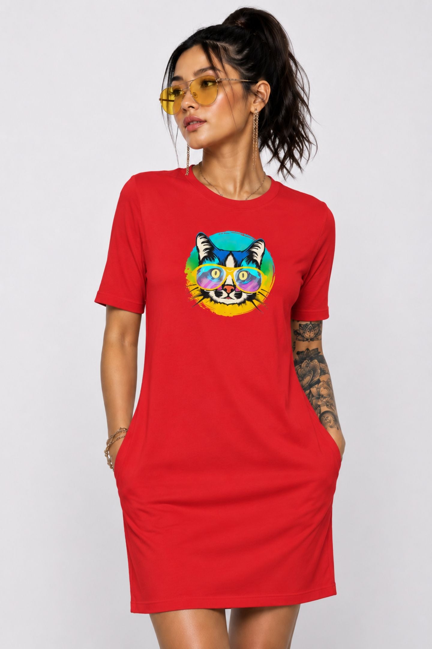 T-shirt Dress With Pockets - Cat With Glasses (6 Colours) (Slim Fit)