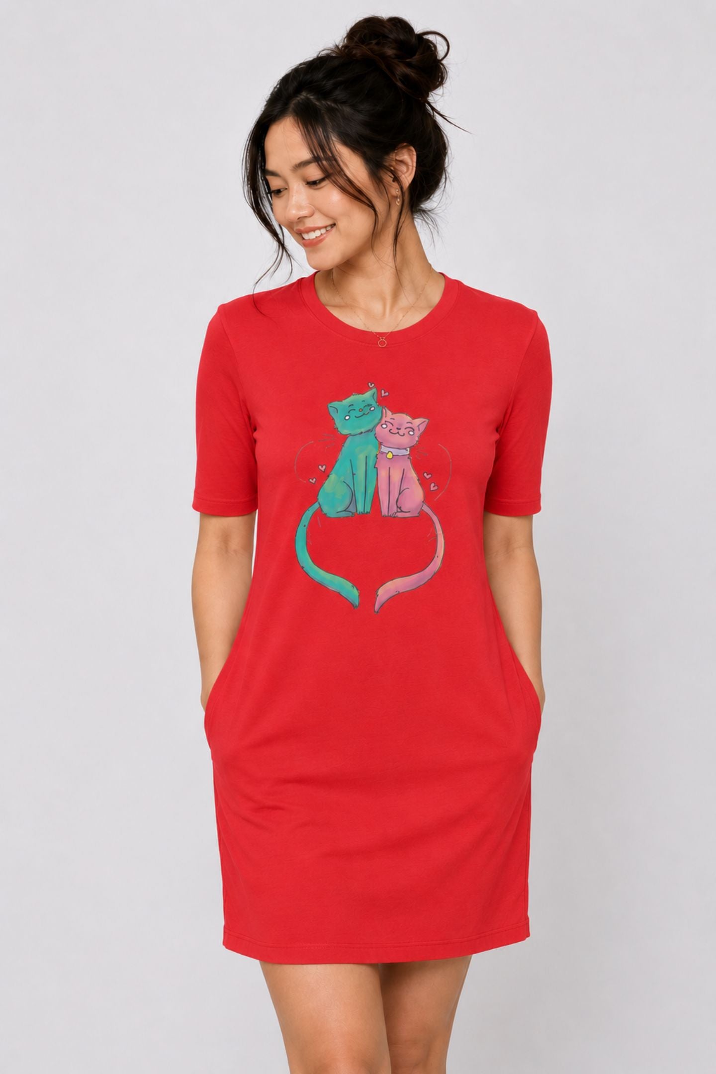 T-shirt Dress With Pockets - Cats In Love (4 Colours) (Slim Fit)