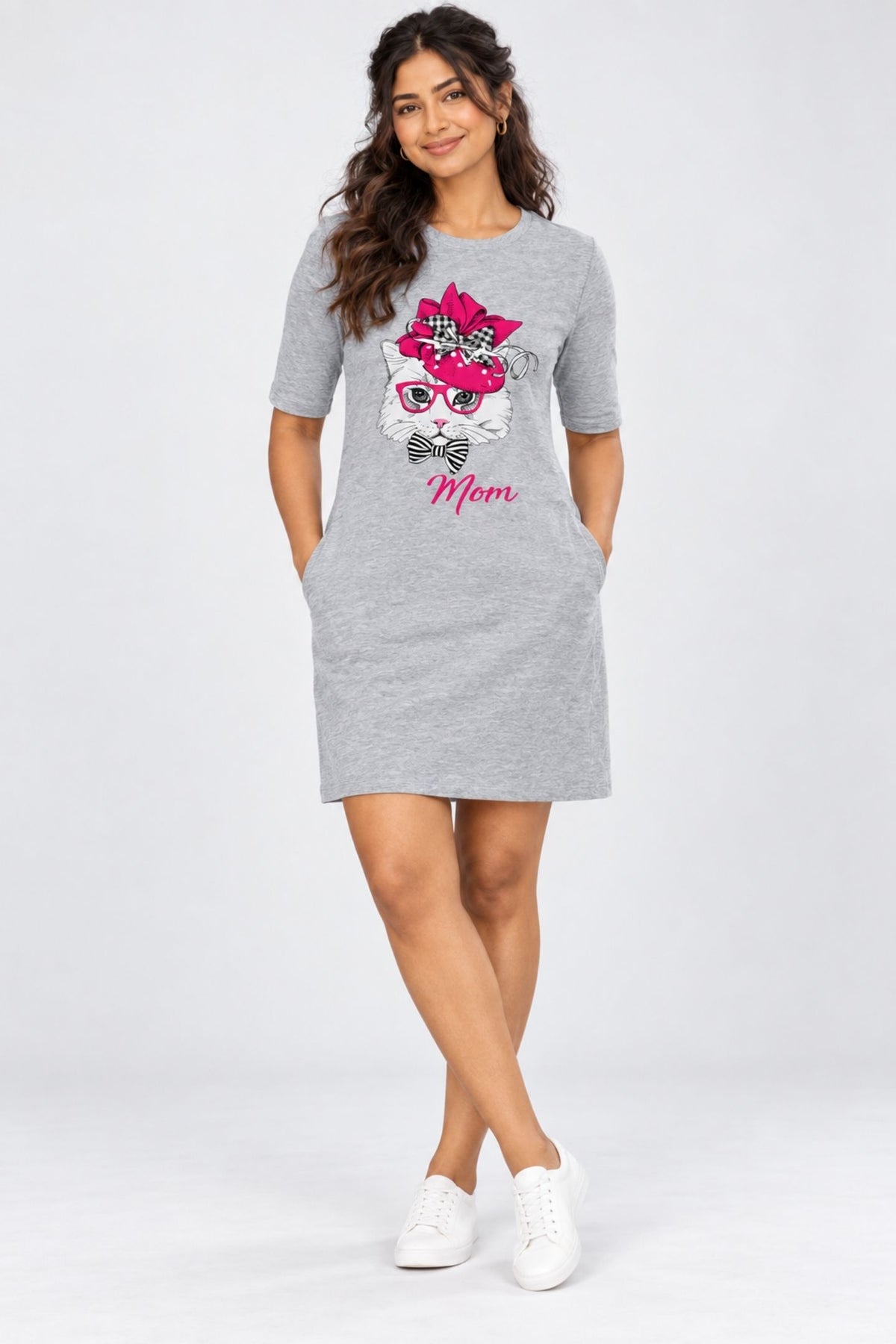 T-shirt Dress With Pockets - Meow-gnificent Cat Mom (3 Colours) (Slim Fit)