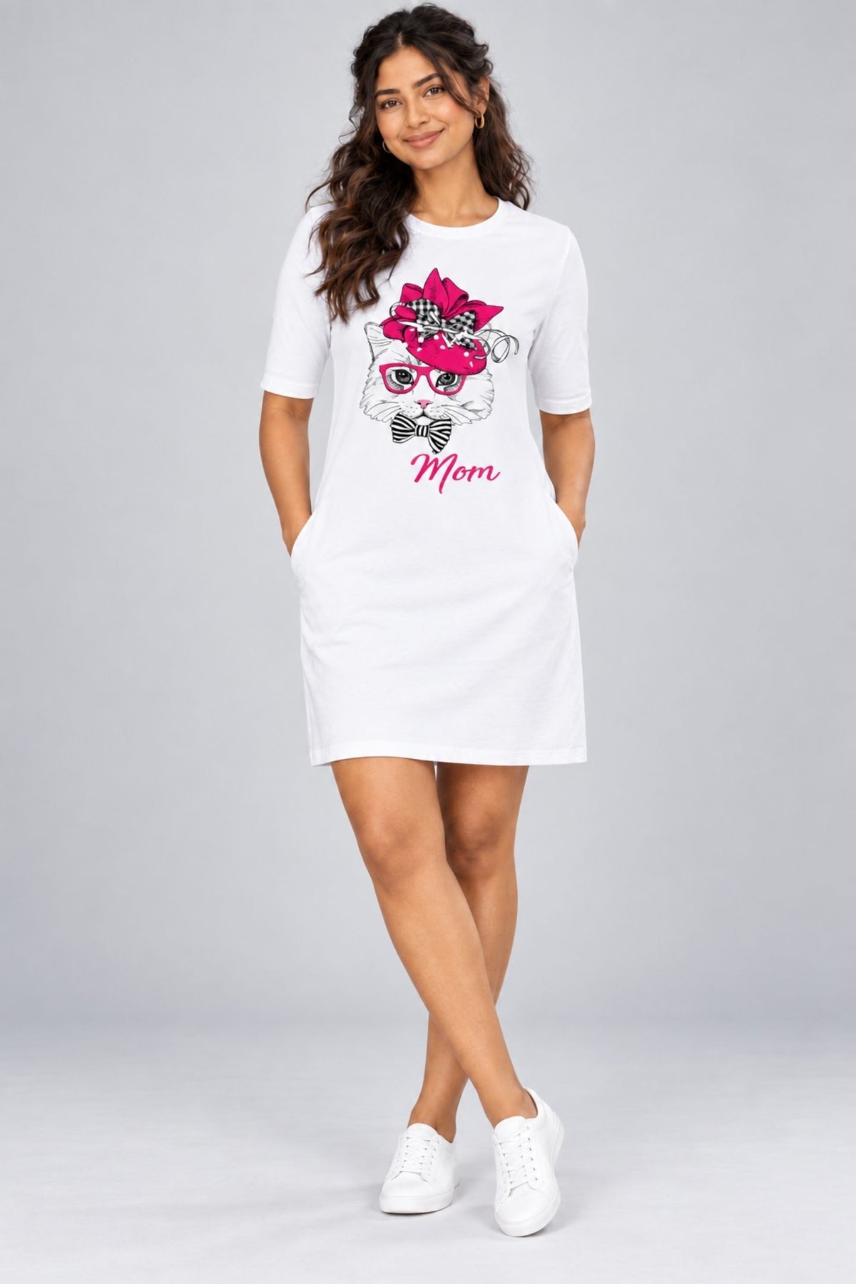 T-shirt Dress With Pockets - Meow-gnificent Cat Mom (3 Colours) (Slim Fit)