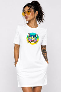 T-shirt Dress With Pockets - Cat With Glasses (6 Colours) (Slim Fit)