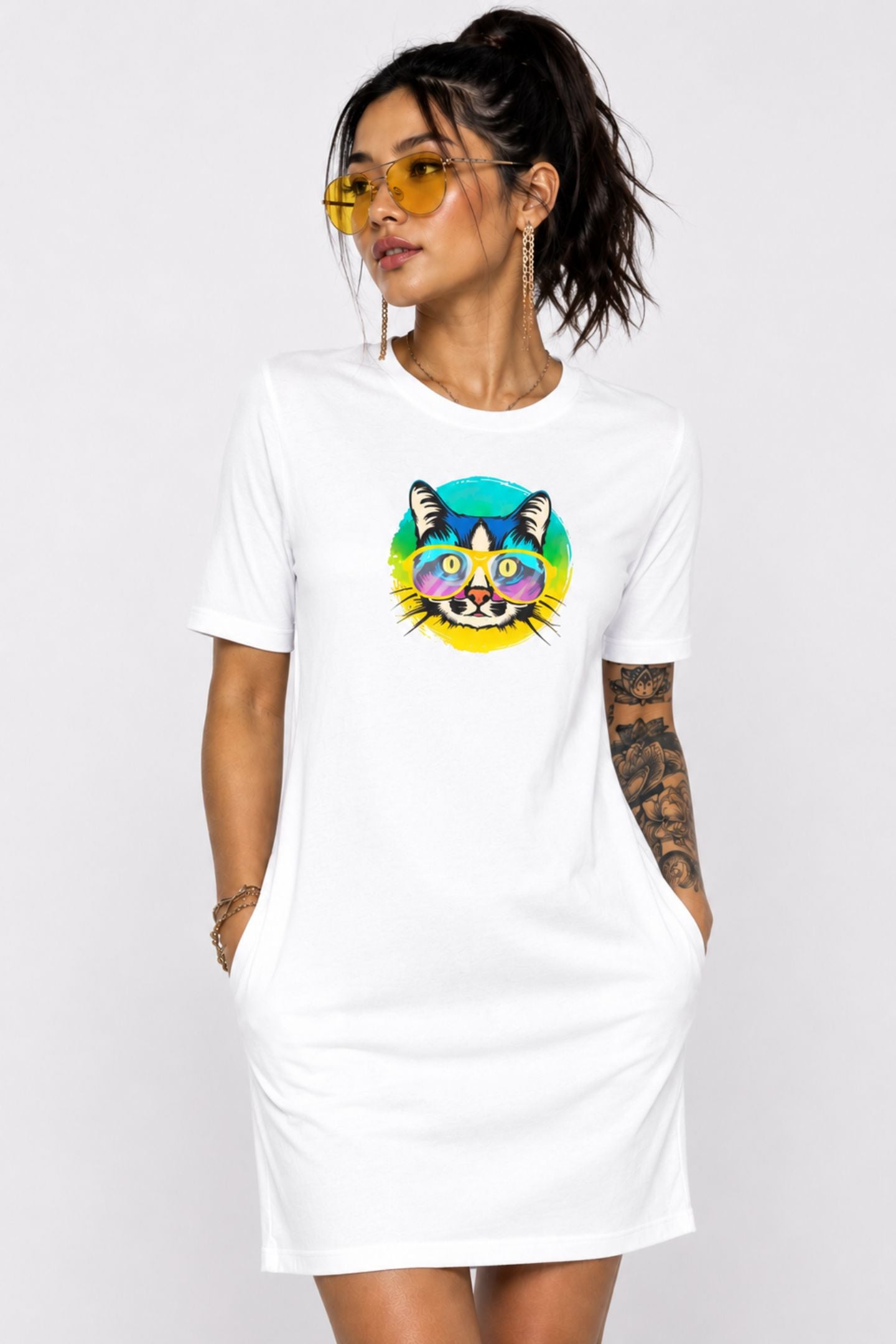 T-shirt Dress With Pockets - Cat With Glasses (6 Colours) (Slim Fit)