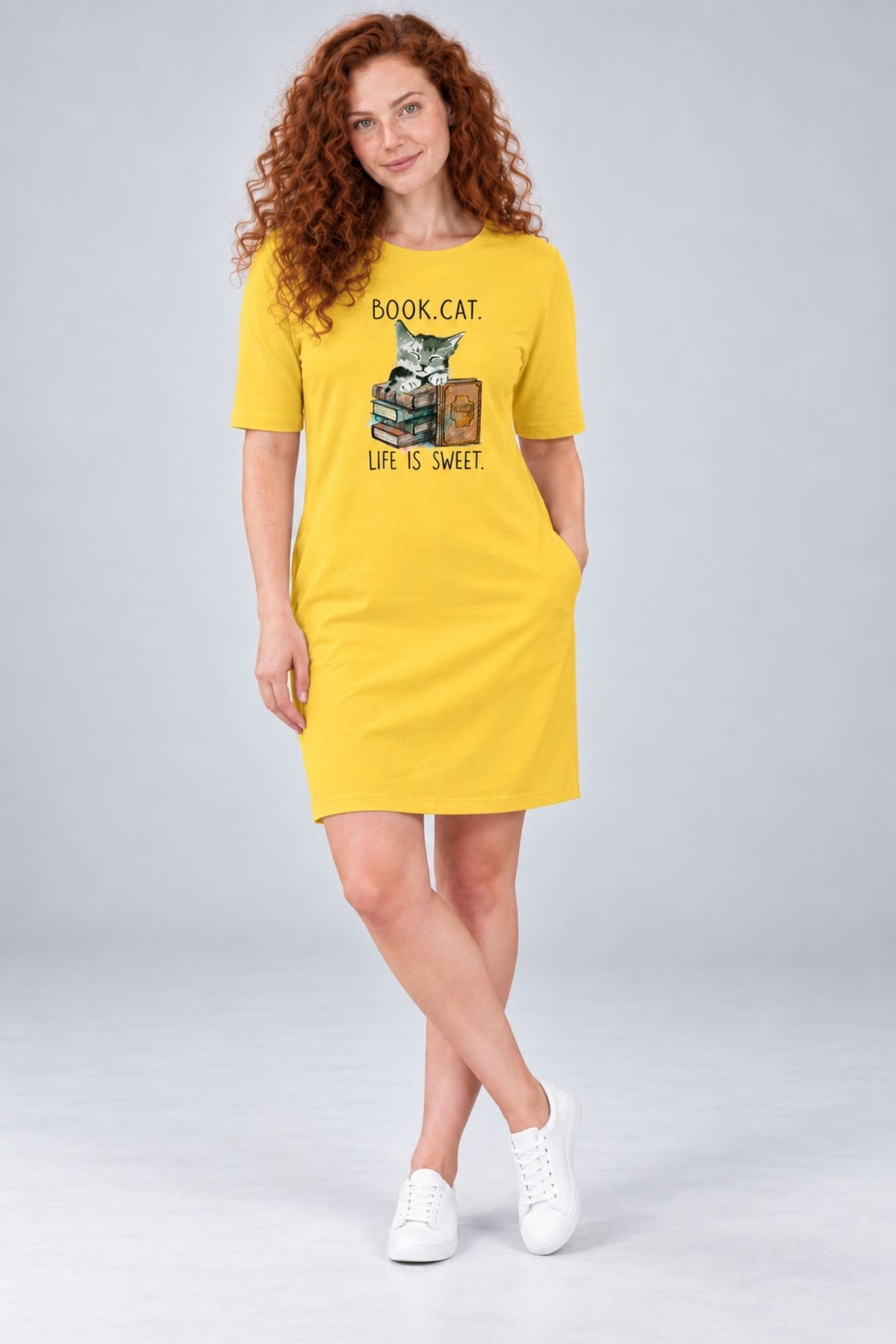 T-shirt Dress With Pockets - Nerdy Kitty (3 Colours) (Slim Fit)