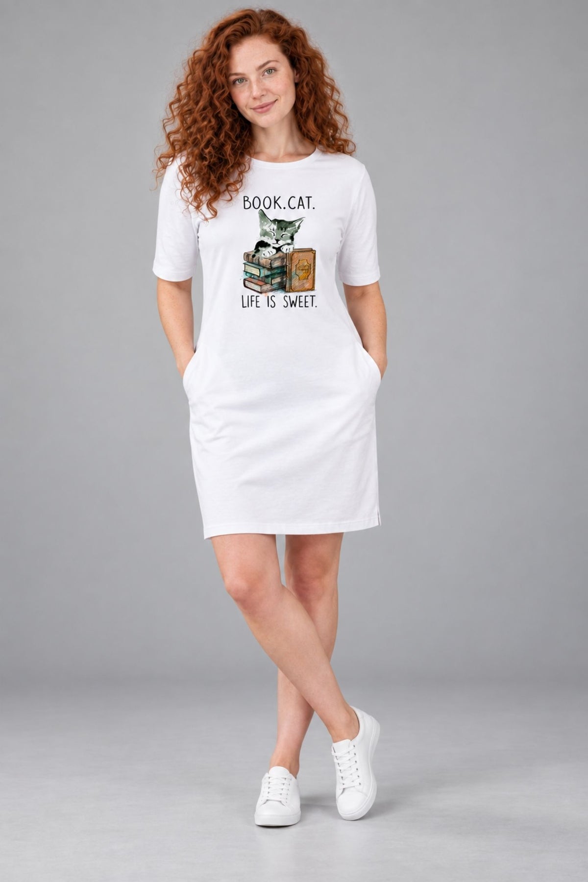 T-shirt Dress With Pockets - Nerdy Kitty (3 Colours) (Slim Fit)