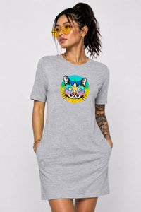 T-shirt Dress With Pockets - Cat With Glasses (6 Colours) (Slim Fit)