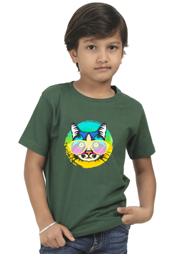 Round Neck T-Shirt (Boys) - Cat With Glasses (10 Colours)