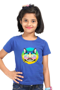 Round Neck T-Shirt (Girls) - Cat With Glasses (7 Colours)