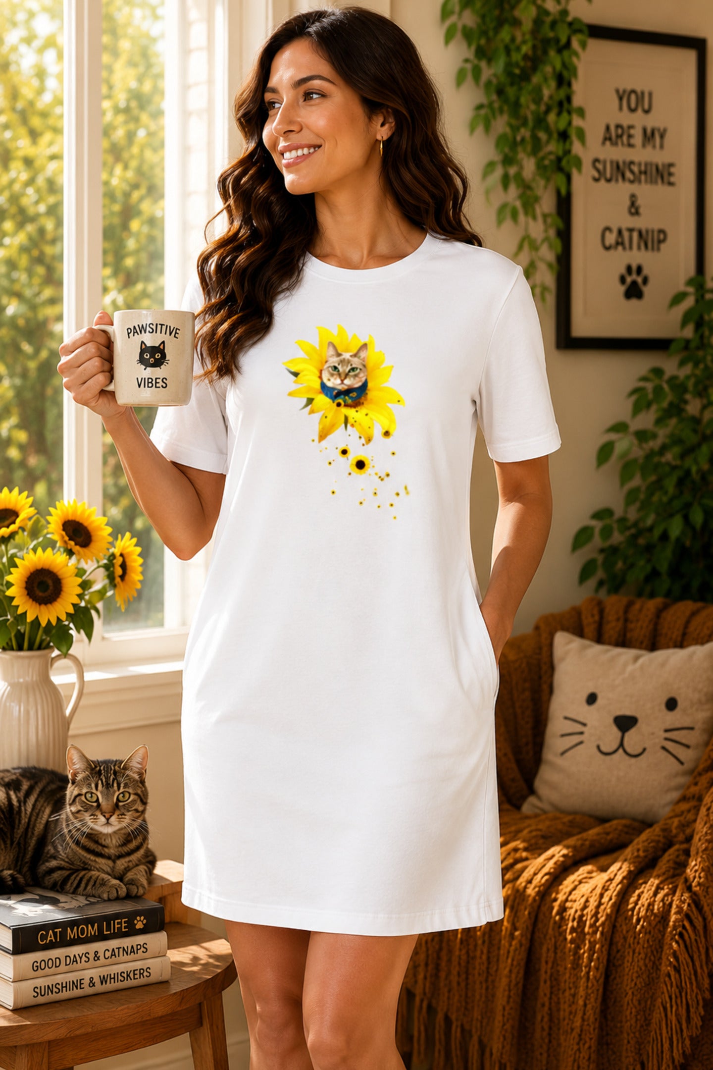 T-shirt Dress With Pockets - A Meowment Of Sunshine (5 Colours) (Slim Fit)