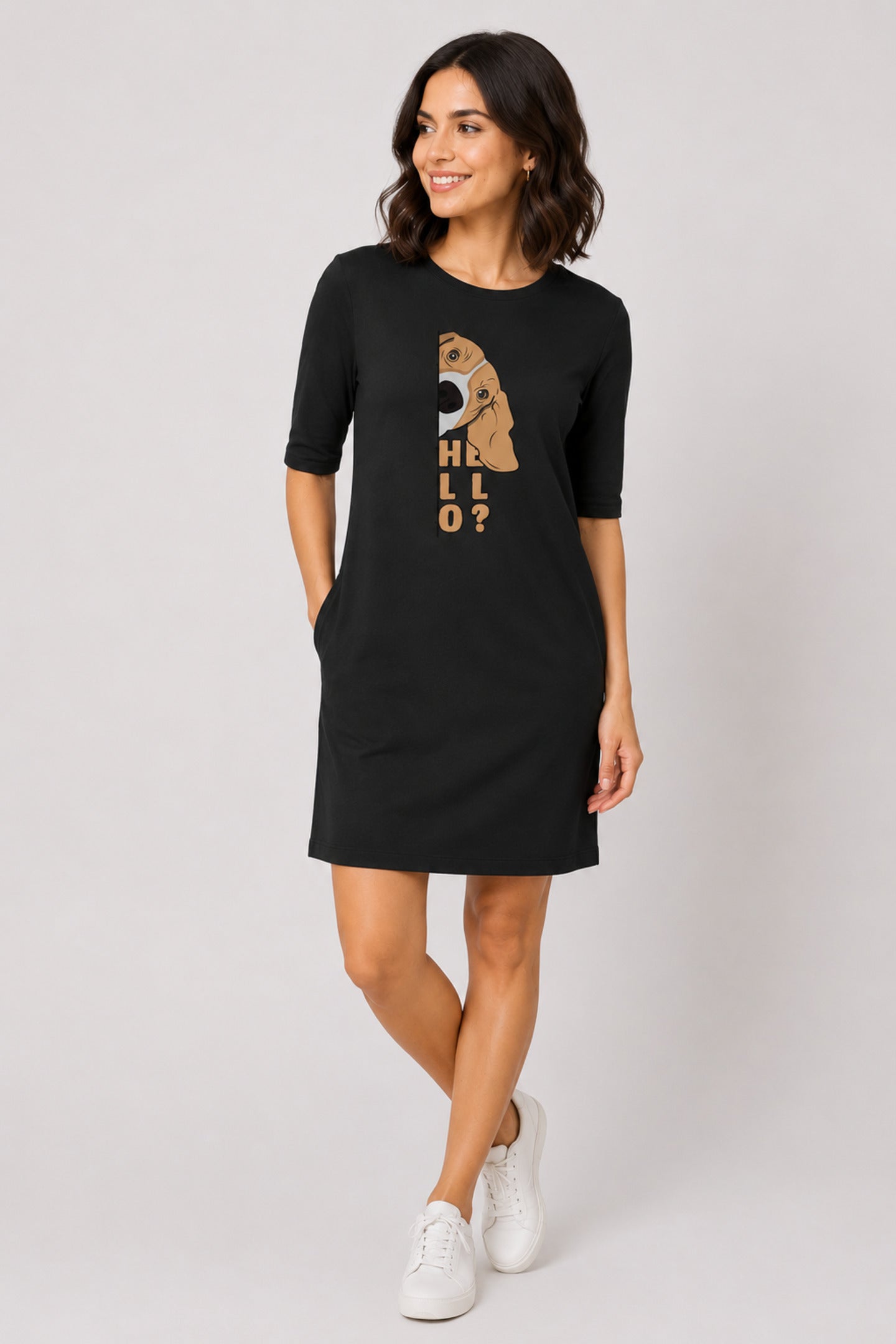 T-shirt Dress With Pockets - Basset Hound Hello (6 Colours) (Slim Fit)