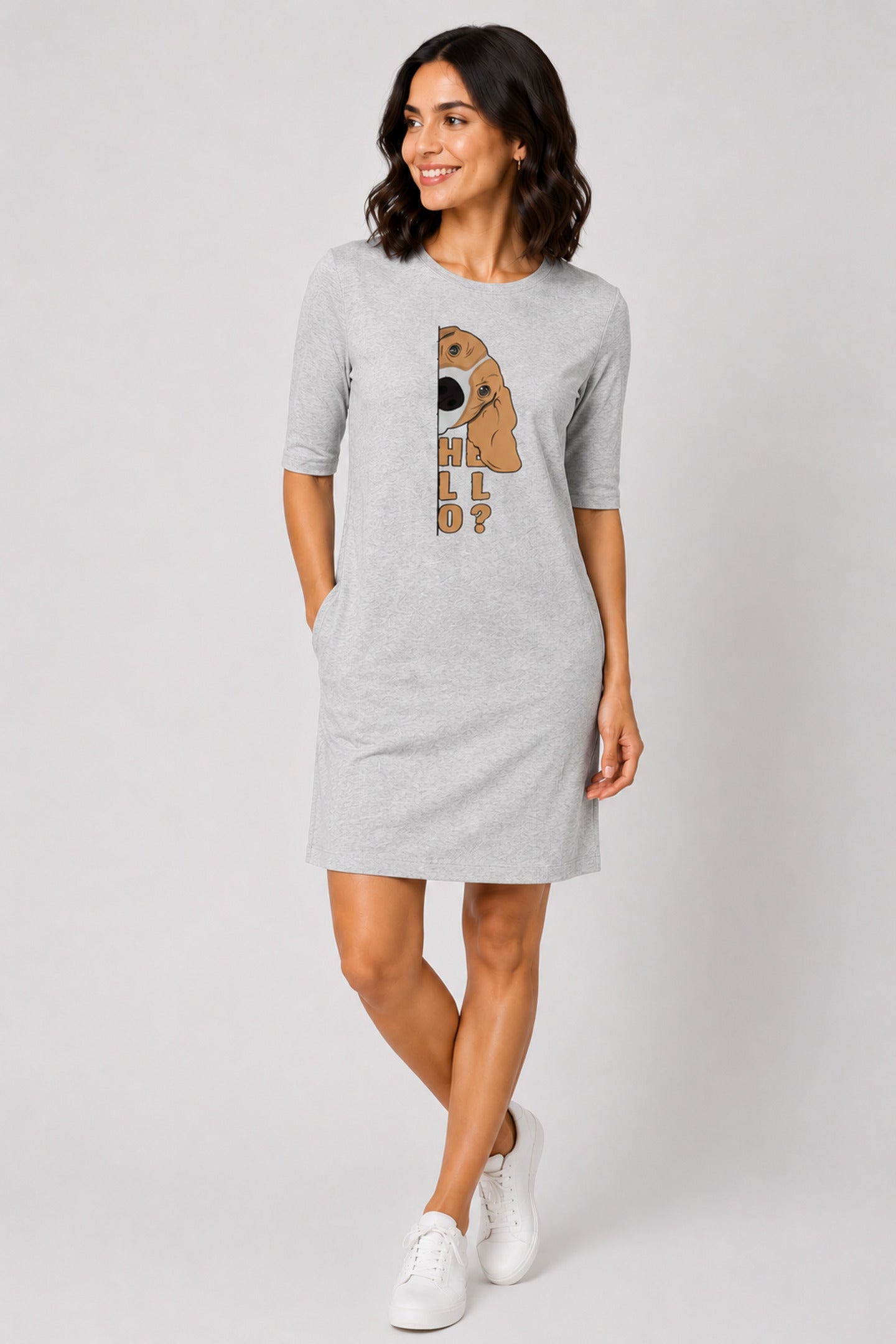 T-shirt Dress With Pockets - Basset Hound Hello (6 Colours) (Slim Fit)