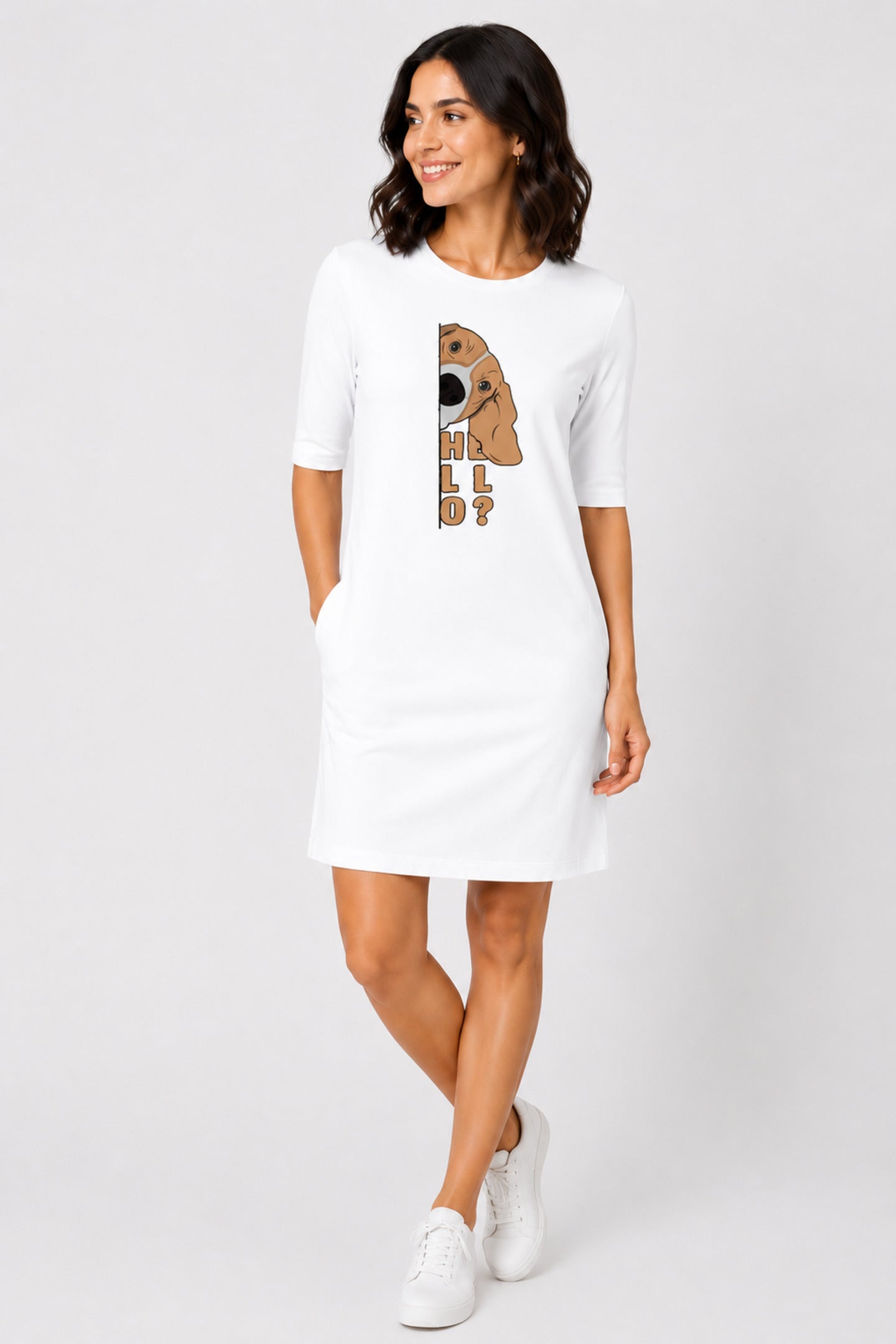 T-shirt Dress With Pockets - Basset Hound Hello (6 Colours) (Slim Fit)