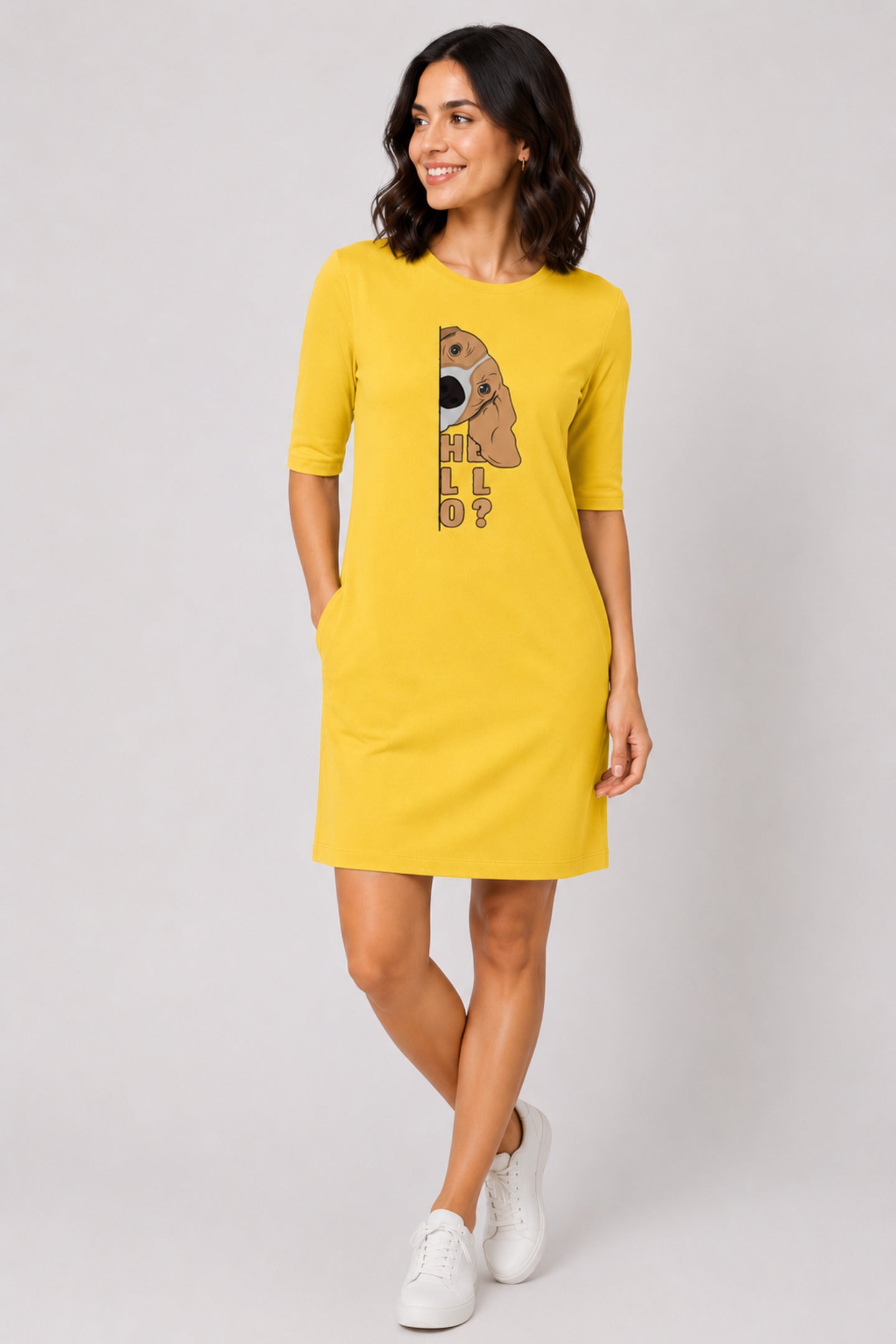 T-shirt Dress With Pockets - Basset Hound Hello (6 Colours) (Slim Fit)