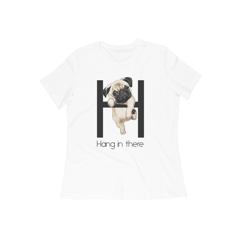 [Sale] Round Neck T-Shirt (Women) - Hang In There Pug - White - L