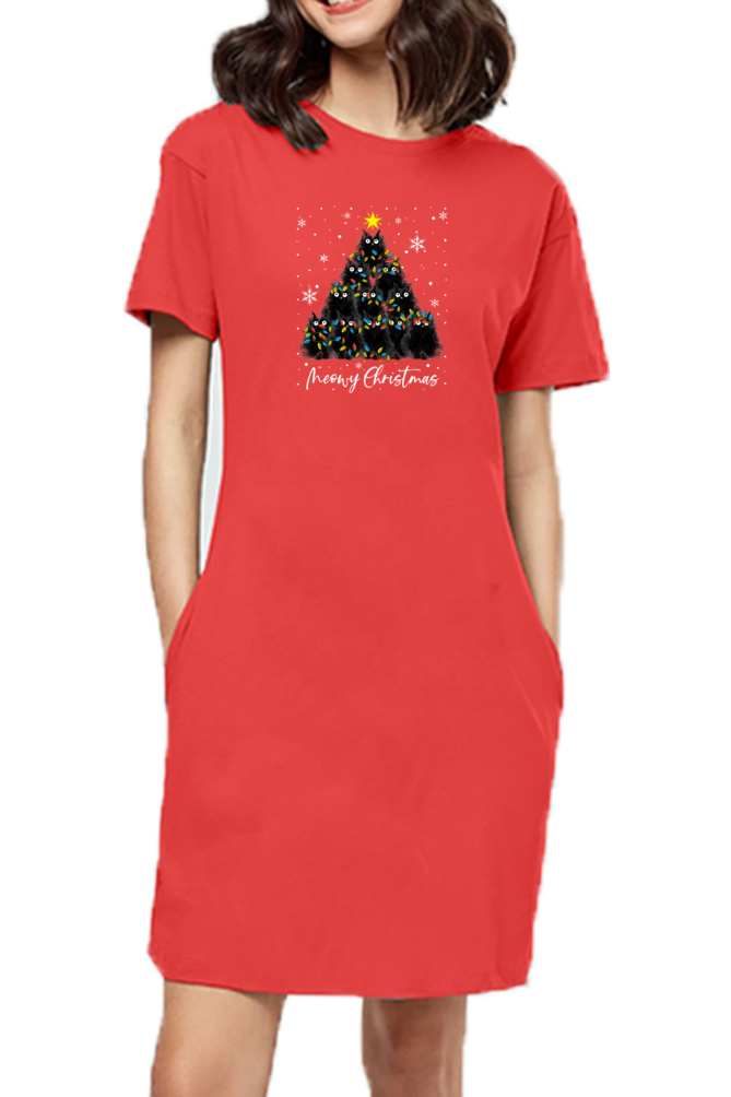 T-shirt Dress With Pockets - Meowy Christmas (3 Colours)