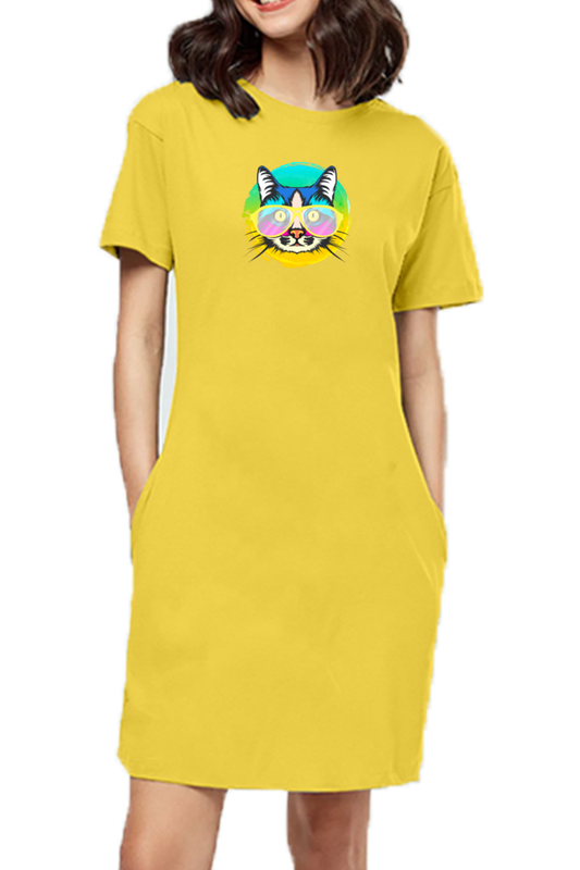 T-shirt Dress With Pockets - Cat With Glasses (6 Colours)