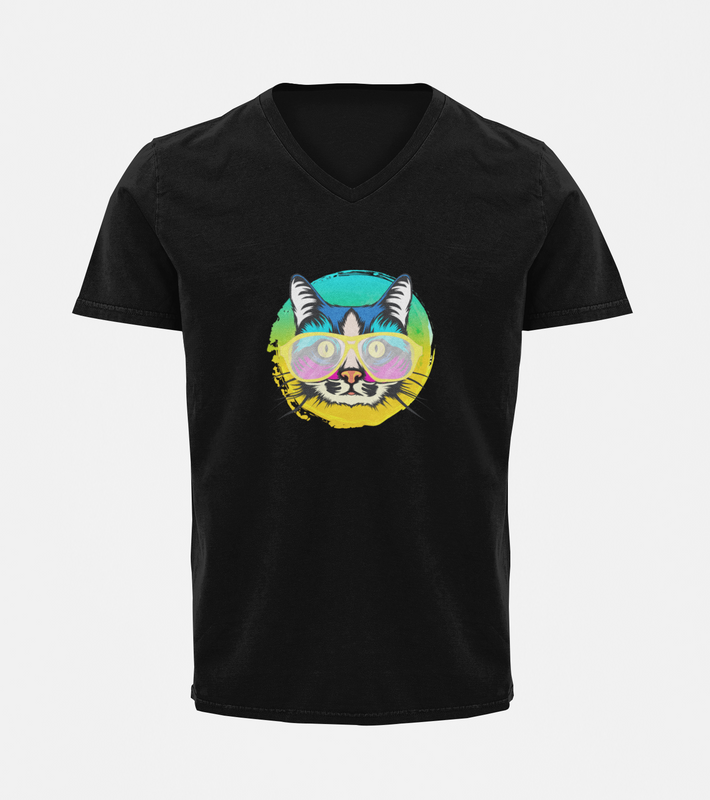V Neck T-Shirt (Men) - Cat With Glasses (6 Colours)