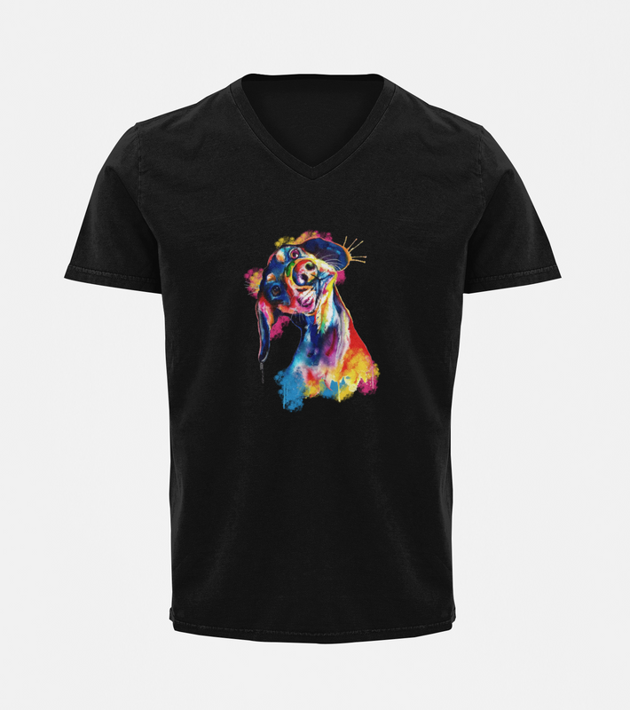 V Neck T-Shirt (Men) - Tilted Head Rainbow Dog (6 Colours)